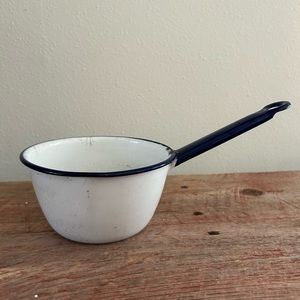 Vintage Antique enamelware sauce pan kitchenware cookware white black trim